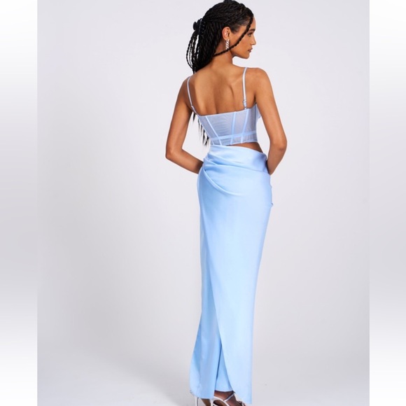 Light Blue Satin Corset Cutout Ruched Gathered Maxi Dress - NWT - Picture 4 of 10